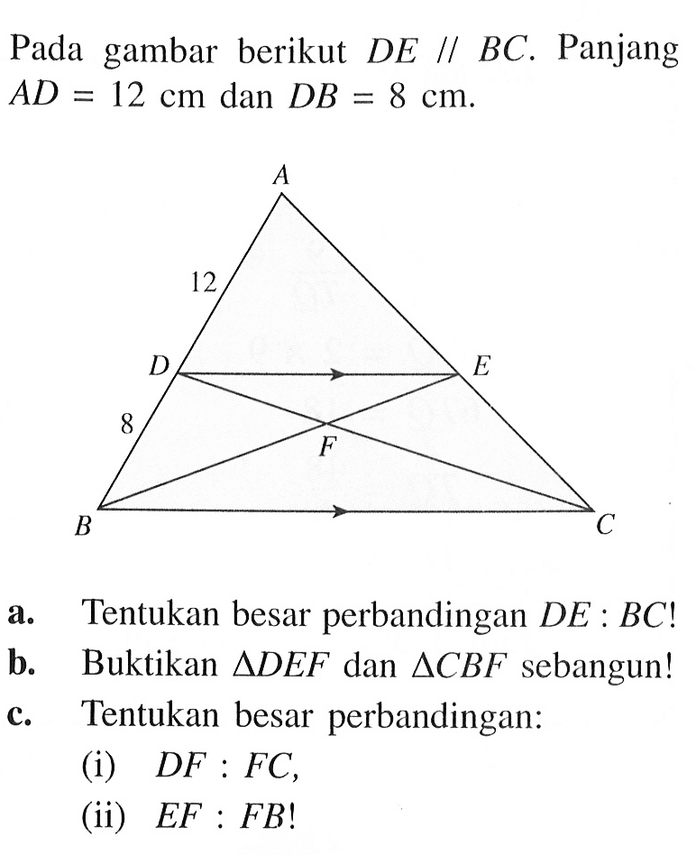 Pada gambar berikut DE // BC. Panjang AD=12 cm dan DB=8 cm.a. Tentukan besar perbandingan DE:BC!b. Buktikan segitiga DEF dan segitiga CBF sebangun! c. Tentukan besar perbandingan: (i) DF:FC,(ii) EF:FB! 