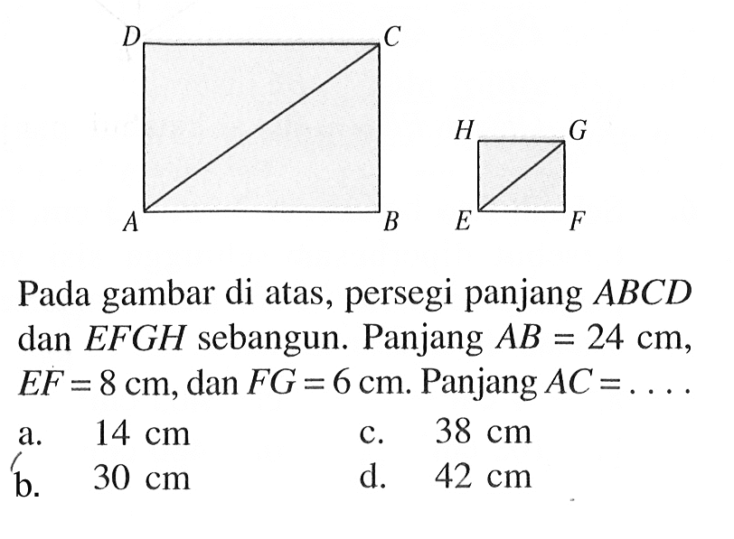 Pada gambar di atas, persegi panjang ABCD dan EFGH sebangun. Panjang AB=24 cm, EF=8 cm, dan FG=6 cm. Panjang AC=....