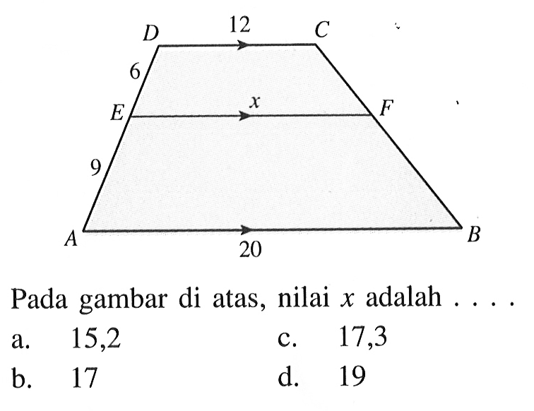 Pada gambar di atas, nilai  x  adalah  ... .a. 15,2c. 17,3b. 17d. 19