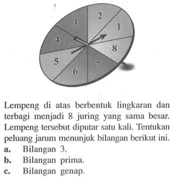 Lempeng di atas berbentuk lingkaran dan terbagi menjadi 8 juring yang sama besar. Lempeng tersebut diputar satu kali. Tentukan peluang jarum menunjuk bilangan berikut ini. 1 2 3 4 5 6 7 8 
a. Bilangan 3.
b. Bilangan prima.
c. Bilangan genap.