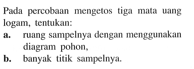 Pada percobaan mengetos tiga mata uang logam, tentukan:a. ruang sampelnya dengan menggunakan diagram pohon,b. banyak titik sampelnya.