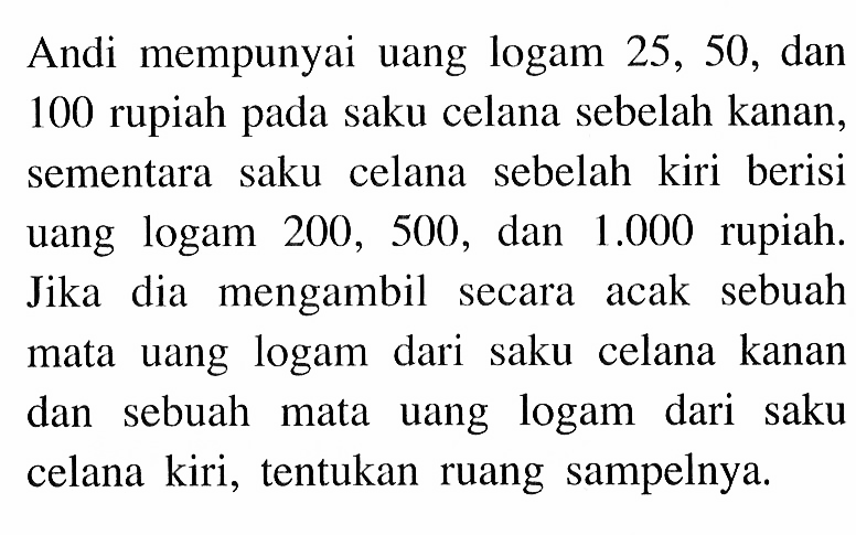 Andi mempunyai uang logam 25, 50, dan 100 rupiah pada saku celana sebelah kanan, sementara saku celana sebelah kiri berisi uang logam 200, 500, dan 1.000 rupiah. Jika dia mengambil secara acak sebuah mata uang logam dari saku celana kanan dan sebuah mata uang logam dari saku celana kiri, tentukan ruang sampelnya.