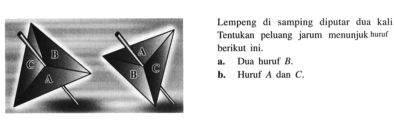 Lempeng di samping diputar dua kali Tentukan peluang jarum menunjuk huruf berikut ini.
a. Dua huruf B.
b. Huruf A dan C.
CBA ABC