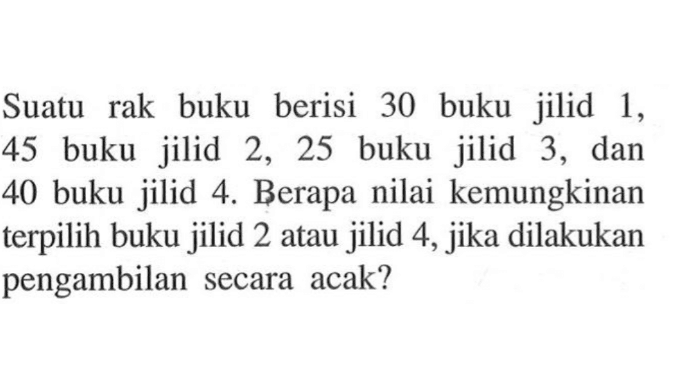 Suatu rak buku berisi 30 buku jilid 1, 45 buku jilid 2, 25 buku jilid 3, dan 40 buku jilid 4. Berapa nilai kemungkinan terpilih buku jilid 2 atau jilid 4, jika dilakukan pengambilan secara acak?