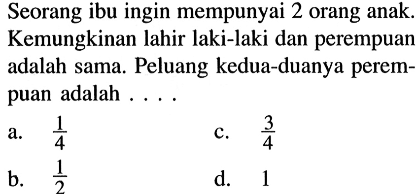 Seorang ibu ingin mempunyai 2 orang anak. Kemungkinan lahir laki-laki dan perempuan adalah sama. Peluang kedua-duanya perempuan adalah .... 