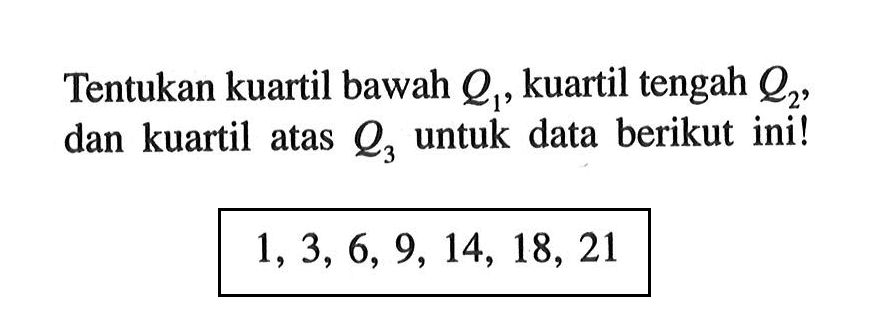 Tentukan kuartil bawah Q1, kuartil tengah Q2, dan kuartil atas Q3 untuk data berikut ini! 1, 3, 6, 9, 14, 18, 21