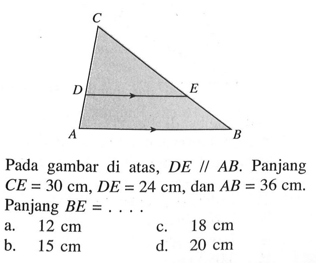 Pada gambar di atas, DE // AB. Panjang CE=30 cm, DE=24 cm, dan AB=36 cm. Panjang BE=...