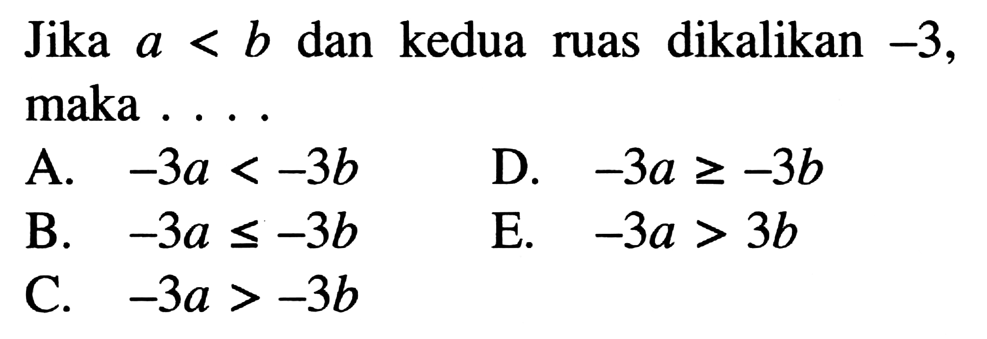 Jika a<b dan kedua ruas dikalikan -3, maka....