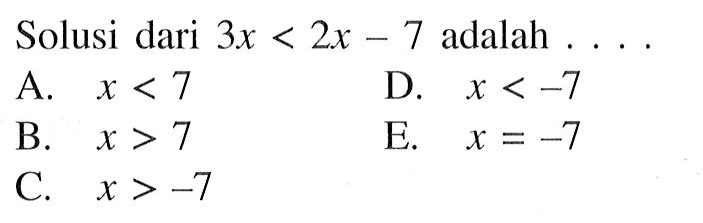 Solusi dari 3x<2x-7 adalah ...