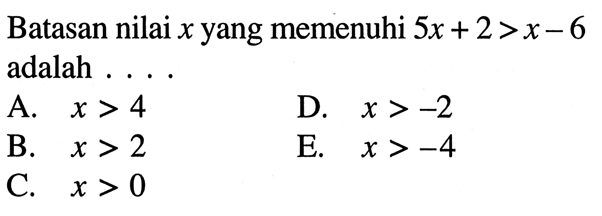 Batasan nilai x yang memenuhi 5x+2>x-6 adalah ....