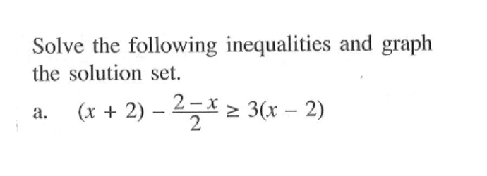 Solve the following inequalities and graph the solution set. a. (x+2)-(2-x)/2>=3(x-2)