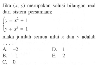 Jika (x,y) merupakan solusi bilangan real dari sistem persamaan: y=x^2+1 y+x^2=1 maka jumlah semua nilai x dan y adalah ...