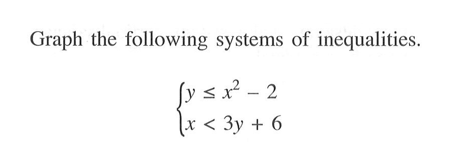 Graph the following systems of inequalities. y<=x^2-2 x<3y+6