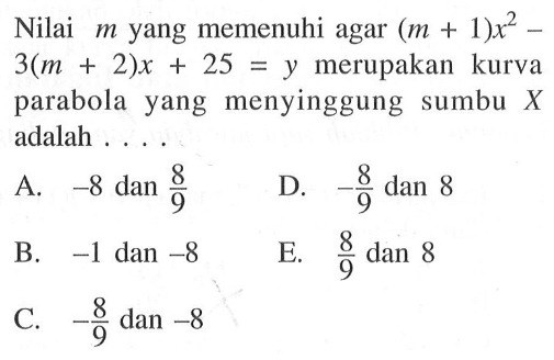 Nilai m yang memenuhi agar (m+1)x^2 - 3(m+2)x + 25 = y merupakan kurva parabola yang menyinggung sumbu X adalah ....