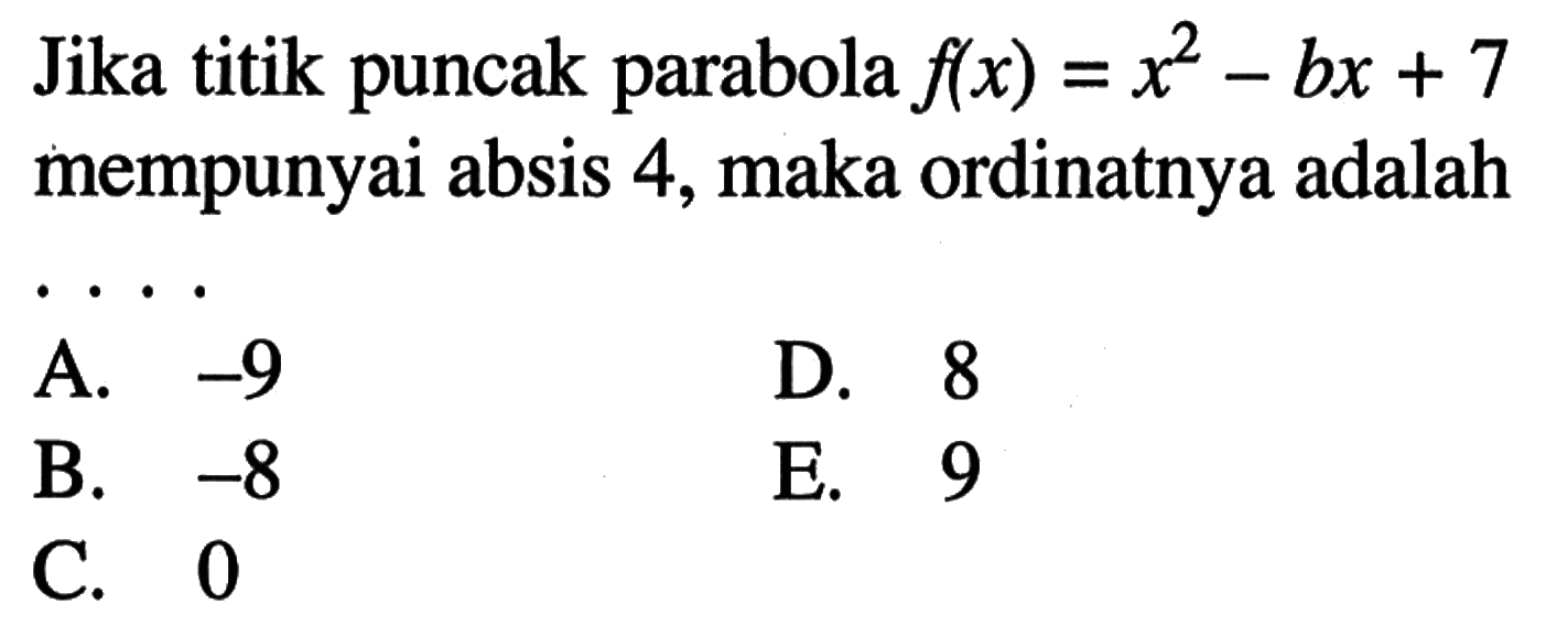Jika titik puncak parabola  f(x)=x^2-b x+7  mempunyai absis 4, maka ordinatnya adalah