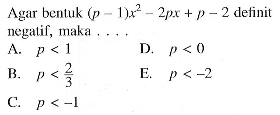 Agar bentuk (p-1) x^2-2px+p-2 definit negatif, maka ....
