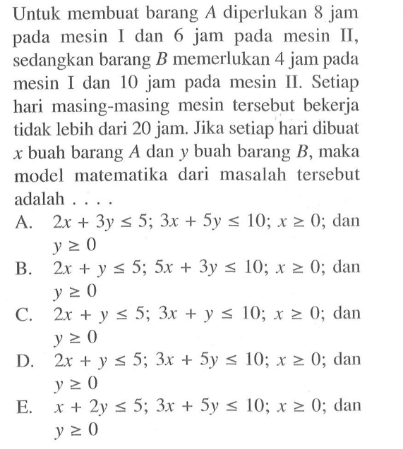 Untuk membuat barang diperlukan 8 jam pada mesin 1 dan 6 jam pada mesin II, sedangkan barang B.memerlukan jam pada mesin I dan 10 jam pada mesin II: Setiap hari masing-masing mesin tersebut bekerja tidak lebih dari 20 jam: Jika setiap hari dibuat x buah barang A dan y buah barang B, maka model matematika dari masalah tersebut adalah