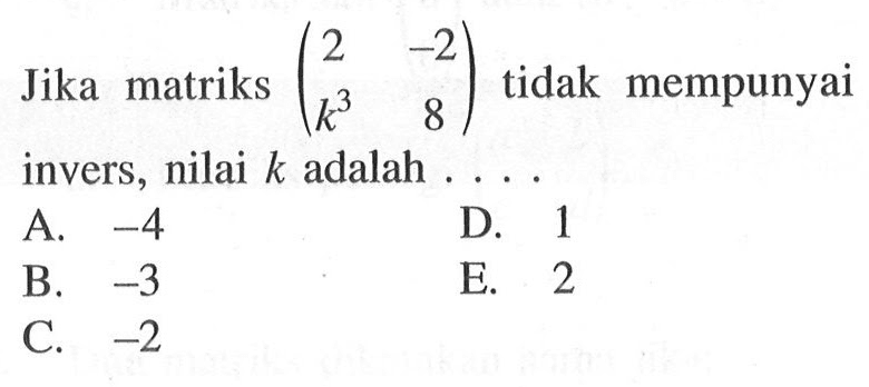 Jika matriks (2 -2 k^3 8) tidak mempunyai invers, nilai k adalah ....