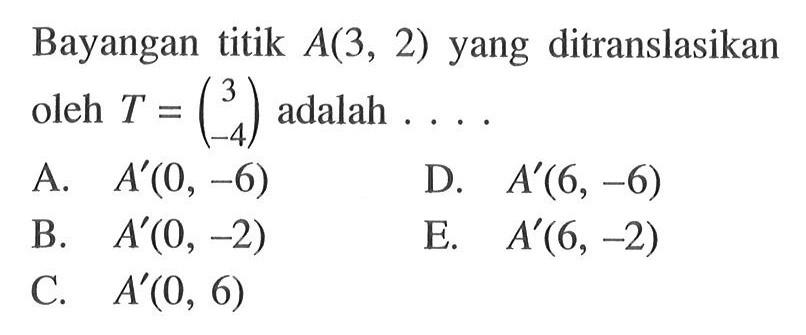 Bayangan titik A(3,2) yang ditranslasikan oleh T=(3 -4) adalah ....