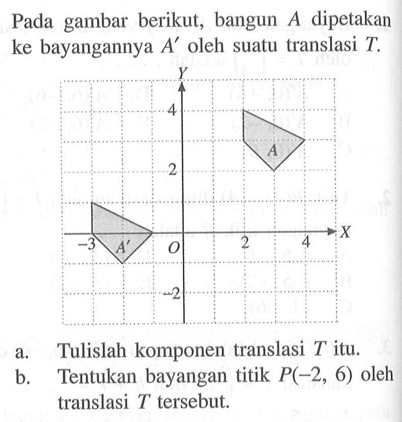 Pada gambar berikut, bangun A dipetakan ke bayangannya A' oleh suatu translasi T. a.Tulislah komponen translasi T itu. b. Tentukan bayangan titik P(-2, 6) oleh translasi T' tersebut.