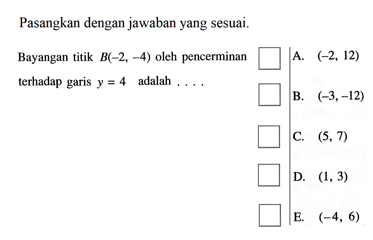 Pasangkan dengan jawaban yang sesuai. Bayangan titik B(-2, -4) oleh pencerminan terhadap garis y=4 adalah ...