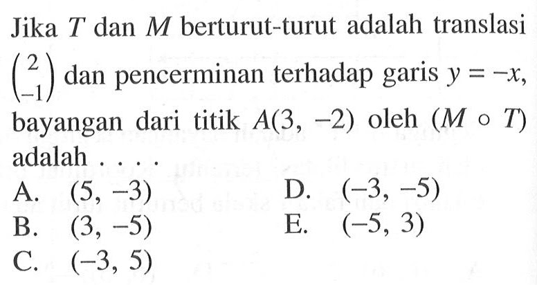 Jika T dan M berturut-turut adalah translasi (2 -1) dan pencerminan terhadap garis y=-x, bayangan dari titik A(3, -2) oleh (M o T) adalah ...