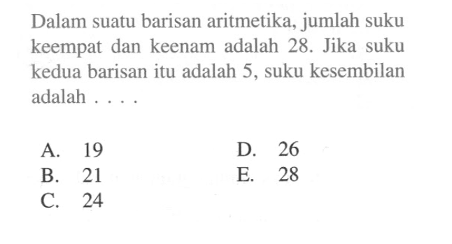 Dalam suatu barisan aritmetika, jumlah suku keempat dan keenam adalah  28.  Jika suku kedua barisan itu adalah 5, suku kesembilan adalah . . . .