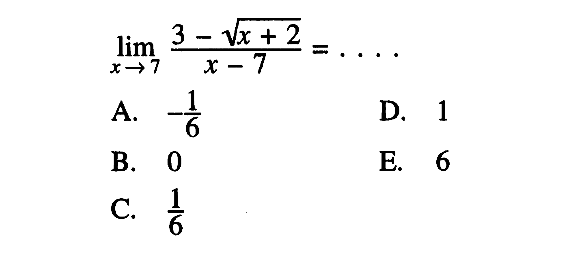 lim x -> 7 (3-akar(x+2))/(x-7)=...