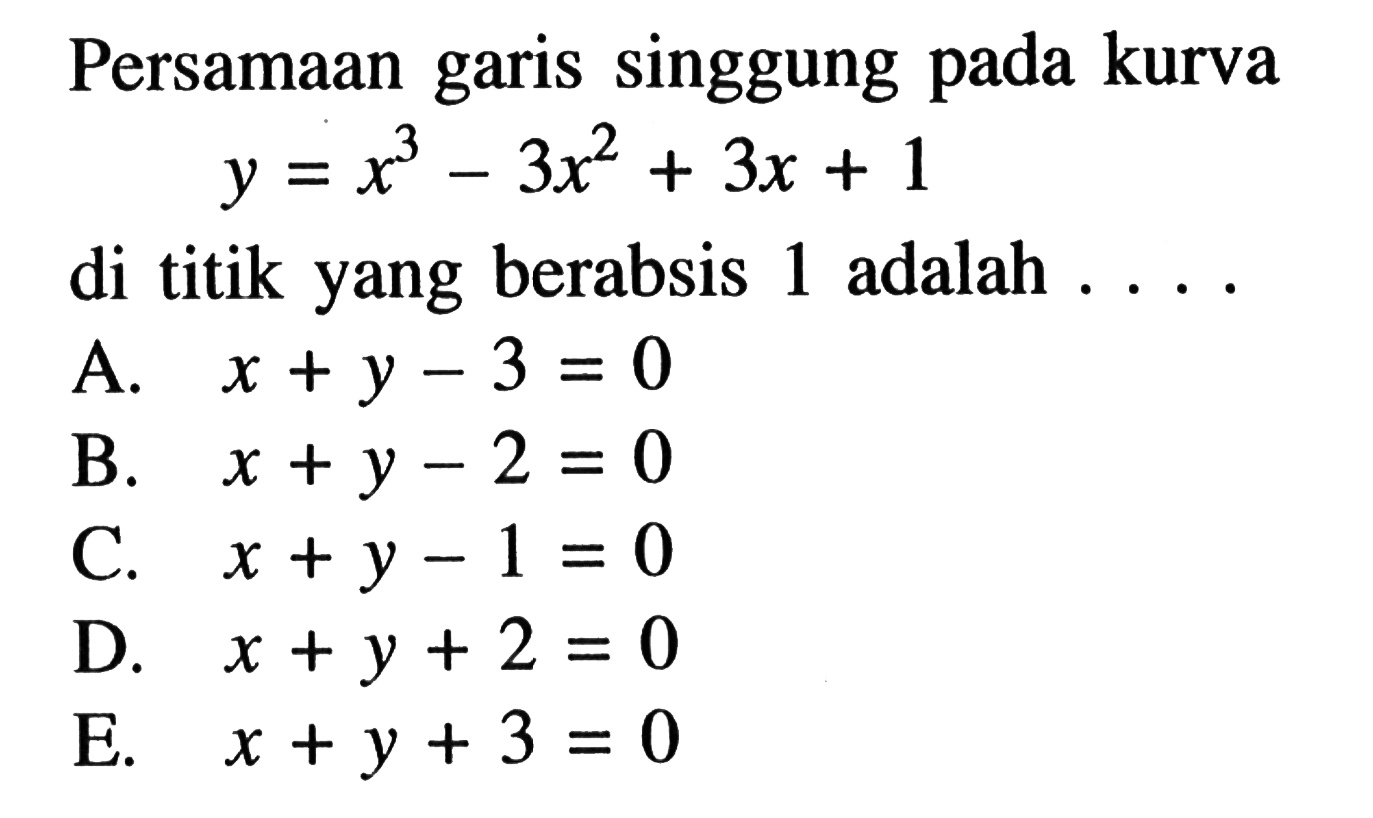 Persamaan garis singgung pada kurva y=x^3-3x^2+3x+1di titik yang berabsis 1 adalah ... 