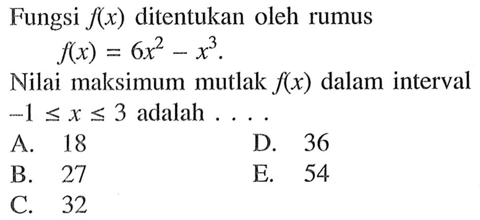 Fungsi f(x) ditentukan oleh rumus f(x)=6x^2-x^3. Nilai maksimum mutlak f(x) dalam interval -1<=x<=3 adalah....