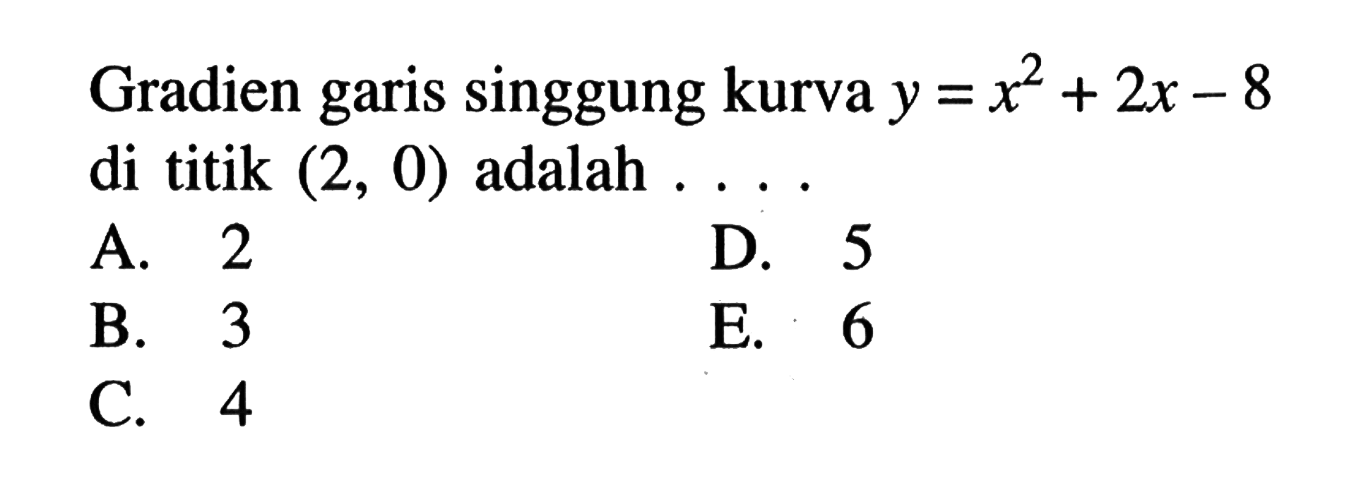 Gradien garis singgung kurva y=x^2+2x-8 di titik (2,0) adalah ....