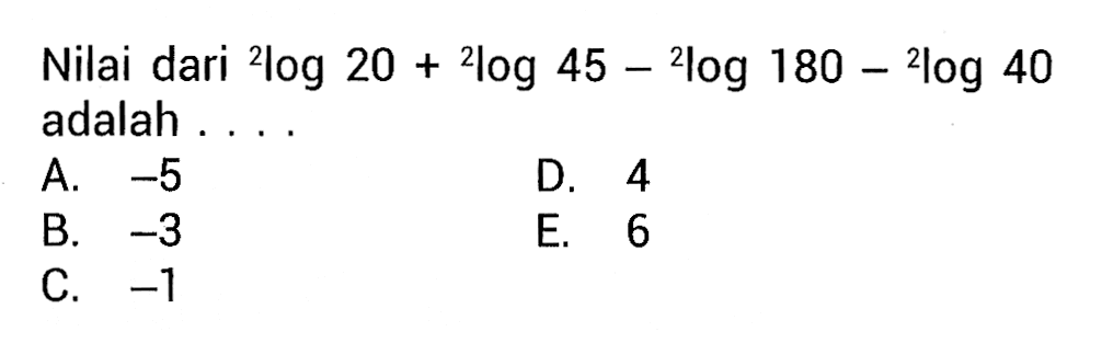 Nilai dari 2log20+2log45-2log180-2log40 adalah....