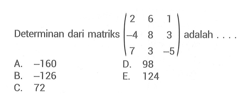 Determinan dari matriks (2 6 1 -4 8 3 7 3 -5) adalah ....