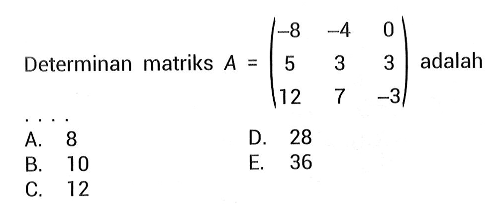 Determinan matriks A=(-8 -4 0 5 3 3 12 7 -3) adalah ...