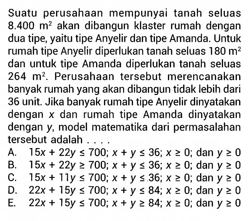 Suatu perusahaan mempunyai tanah seluas 8.400 m^2 akan dibangun klaster rumah dengan dua tipe, yaitu tipe Anyelir dan tipe Amanda. Untuk rumah tipe Anyelir diperlukan tanah seluas 180 m^2 dan untuk tipe Amanda diperlukan tanah seluas 264 m^2. Perusahaan tersebut merencanakan banyak rumah yang akan dibangun tidak lebih dari 36 unit. Jika banyak rumah tipe Anyelir dinyatakan dengan x dan rumah tipe Amanda dinyatakan dengan y, model matematika dari permasalahan tersebut adalah . . . .