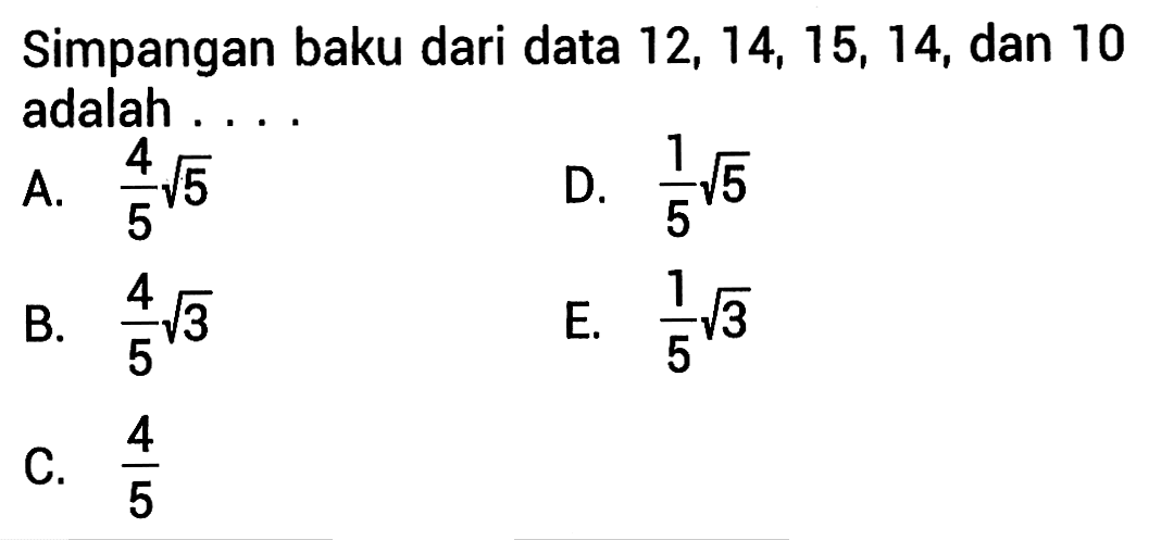 Simpangan baku dari data 12, 14, 15, 14, dan 10 adalah ....