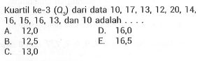 Kuartil ke-3 (Q3) dari data 10, 17, 13, 12, 20, 14, 16, 15, 16, 13, dan 10 adalah ...