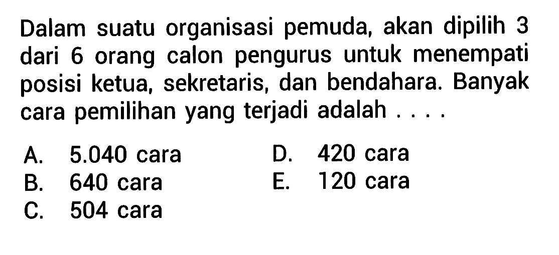 Dalam suatu organisasi pemuda, akan dipilih 3 dari 6 orang calon pengurus untuk menempati ketua, sekretaris, dan bendahara. Banyak posisi cara pemilihan yang terjadi adalah 