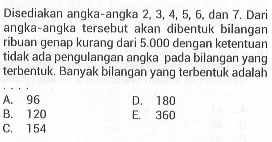 Disediakan angka-angka 2, 3, 4, 5, 6, dan 7. Dari angka-angka tersebut akan dibentuk bilangan ribuan genap kurang dari 5.000 dengan ketentuan tidak ada pengulangan angka pada bilangan yang terbentuk. Banyak bilangan yang terbentuk adalah 