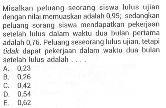 Misalkan peluang seorang siswa lulus ujian dengan nilai memuaskan adalah 0,95; sedangkan peluang sorang siswa mendapatkan pekerjaan setelah lulus dalam waktu dua bulan pertama adalah 0,76. Peluang seseorang lulus ujian, tetapi tidak dapat pekerjaan dalam waktu dua bulan setelah lulus adalah....