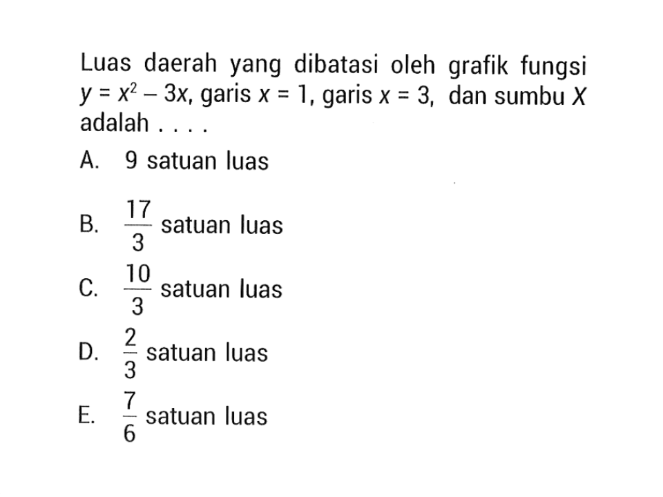 Luas daerah yang dibatasi oleh grafik fungsi y=x^2-3 x, garis x=1, garis x=3 , dan sumbu X adalah ...