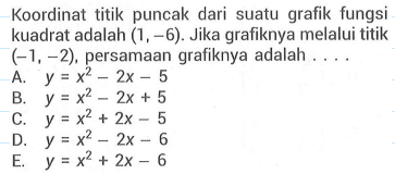 Koordinat titik puncak dari suatu grafik fungsi kuadrat adalah (1, 6). Jika grafiknya melalui titik (-1, -2), persamaan grafiknya adalah....