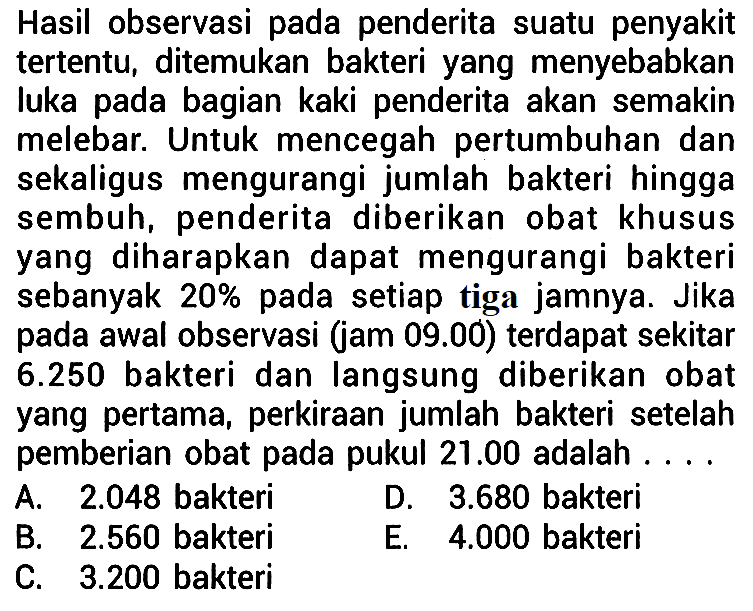 Hasil observasi pada penderita suatu penyakit tertentu, ditemukan bakteri yang menyebabkan luka pada bagian kaki penderita akan semakin melebar. Untuk mencegah pertumbuhan dan sekaligus mengurangi jumlah bakteri hingga sembuh, penderita diberikan obat khusus yang diharapkan dapat mengurangi bakteri sebanyak 20% pada setiap tiga jamnya. Jika pada awal observasi (jam 09.00) terdapat sekitar 6.250 bakteri dan langsung diberikan obat yang pertama, perkiraan jumlah bakteri setelah pemberian obat pada pukul 21.00 adalah ....