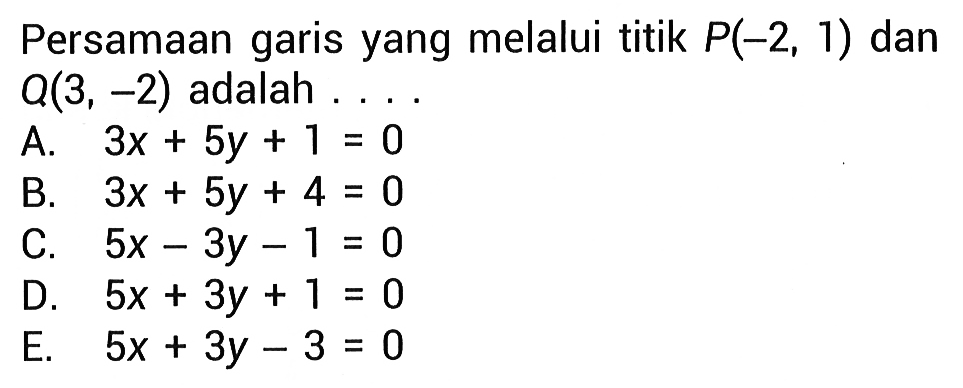 Persamaan garis yang melalui titik P(-2, 1) dan Q(3, -2) adalah . . . .