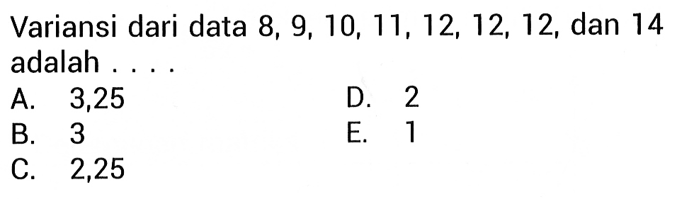 Variansi dari data 8, 9, 10, 11, 12, 12, 12, dan 14 adalah....