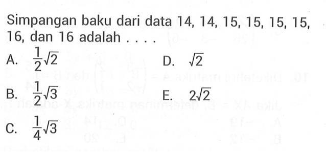 Simpangan baku dari data 14, 14, 15, 15,15,15, 16, dan 16 adalah