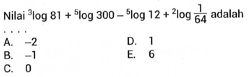 Nilai 3log81+5log300-5log12+2log1/64 adalah . . . .