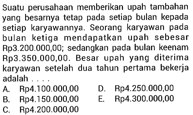 Suatu perusahaan memberikan upah tambahan yang besarnya tetap pada setiap bulan kepada setiap karyawannya. Seorang karyawan pada bulan ketiga mendapatkan upah sebesar Rp3.200.000,00; sedangkan pada bulan keenam Rp3.350.000,00. Besar upah yang diterima karyawan setelah dua tahun pertama bekerja adalah ....