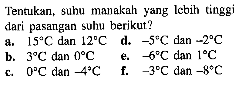 Tentukan, suhu manakah yang lebih tinggi dari pasangan suhu berikut? a. 15 C dan 12 C d. ~5 C dan -2 C b. 3 C dan 0 C e. -6 C dan 1 C c. 0 C dan -4 C f. -3 C dan -8 C