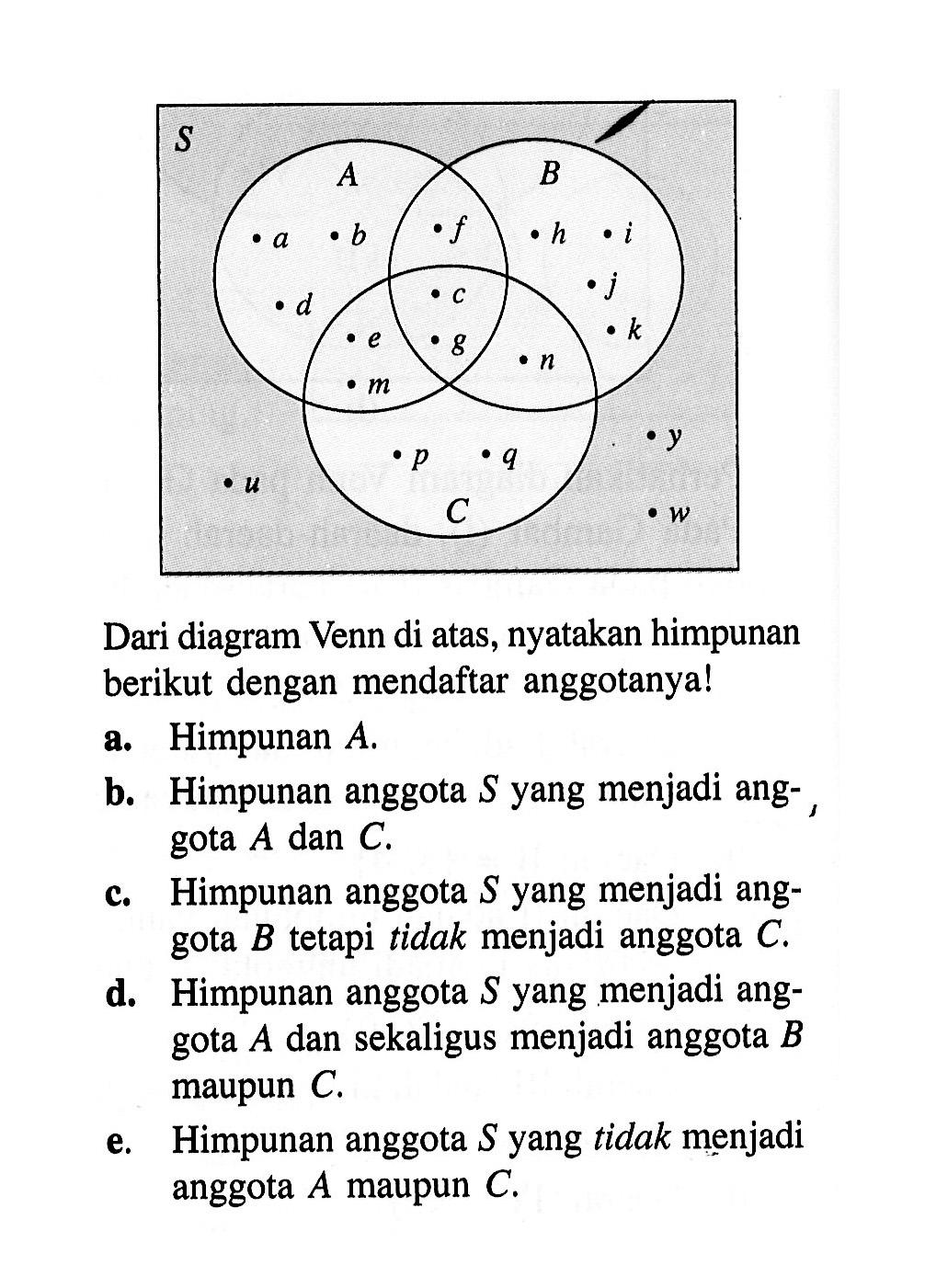 Dari diagram Venn di atas, nyatakan himpunan berikut dengan mendaftar anggotanya! a. Himpunan A. b. Himpunan anggota S yang menjadi anggota A dan C. c. Himpunan anggota S yang menjadi anggota B tetapi tidak menjadi anggota C d. Himpunan anggota S yang menjadi anggota, A dan sekaligus menjadi anggota B maupun C. e. Himpunan anggota S yang tidak menjadi anggota A maupun C.